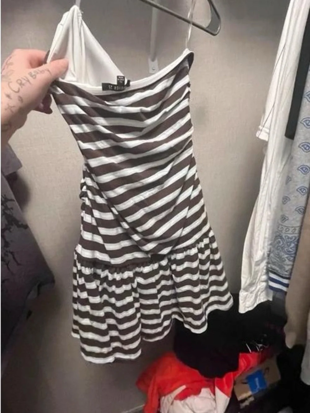 Striped Brown and White Maxi Dress with Flared Hem